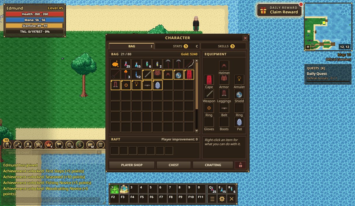 The bag page of the Character window