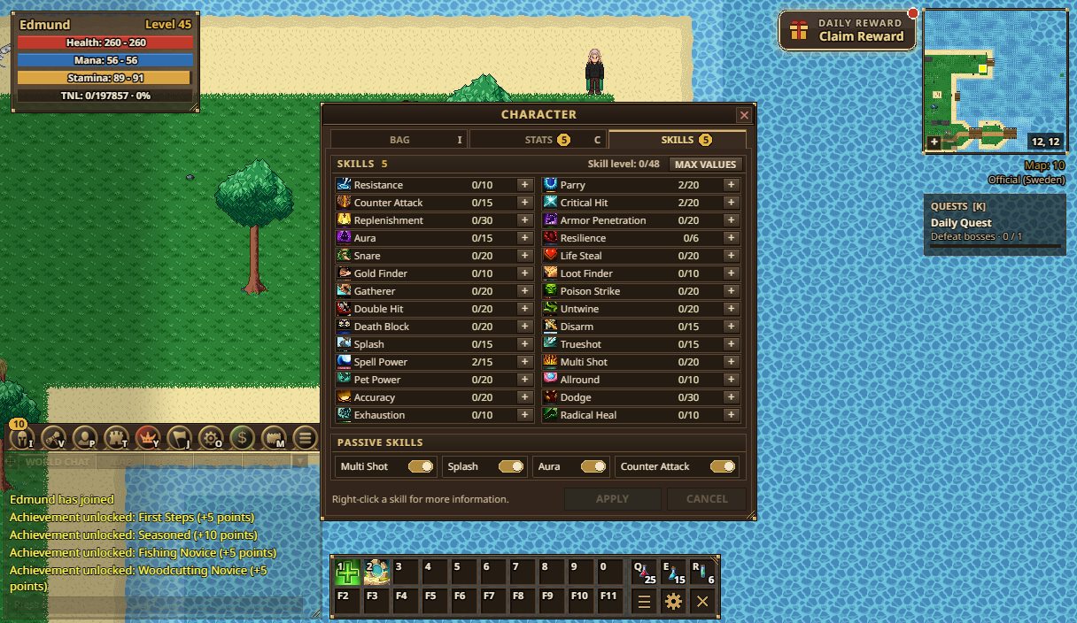 The skills page of the Character window